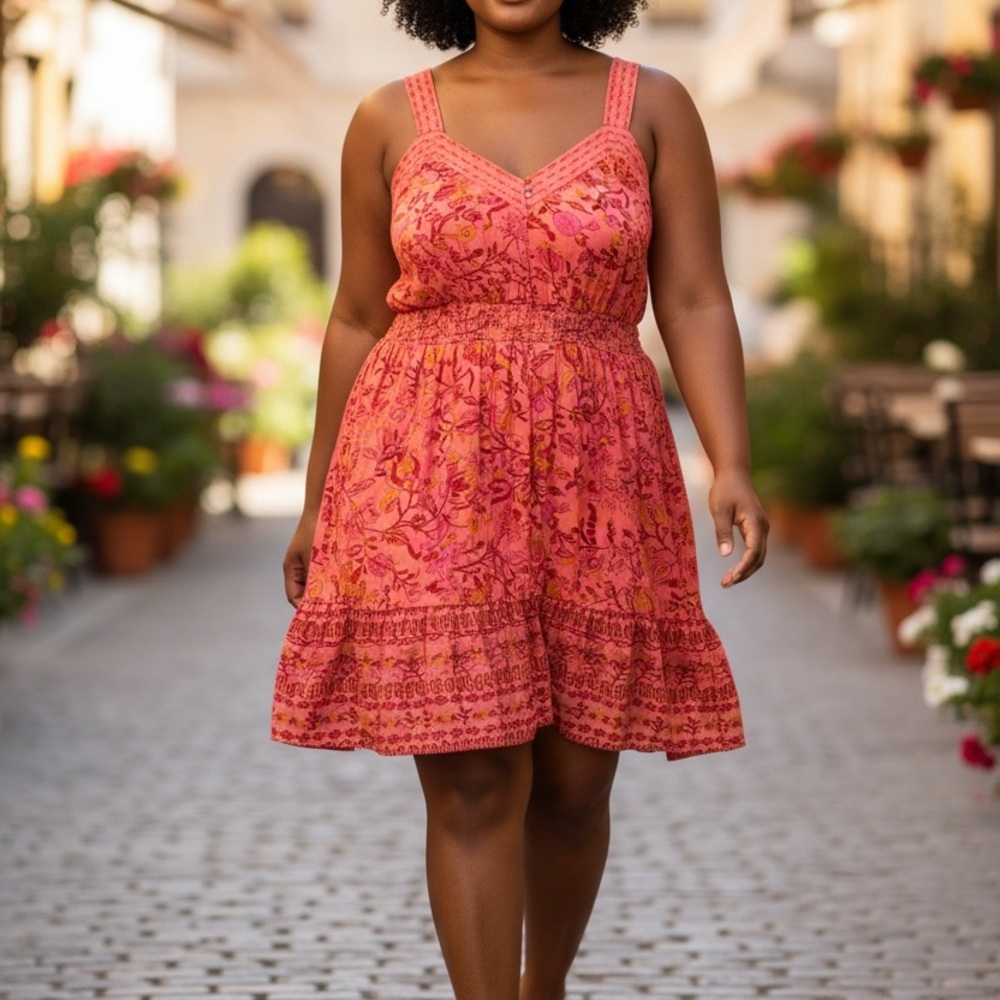 Knox Rose Pink and Orange Floral Smocked Mini Dress